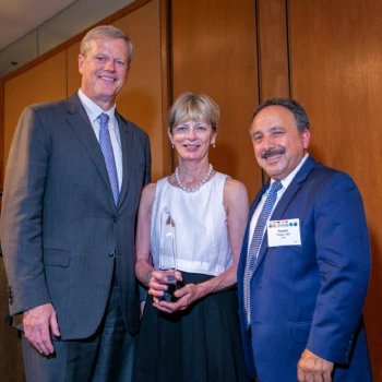Former Mass. Gov. Charlie Baker, Former Sec. of Health and Human Services and Art of Healing honoree Marylou Sudders and CHA CEO Assaad Sayah, MD
