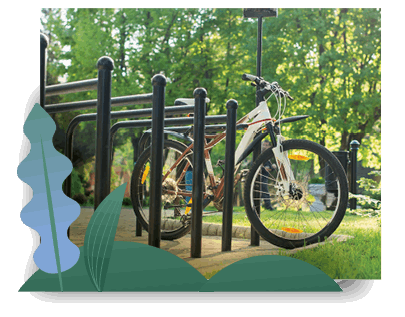 Bicycles locked on a rack outside of a building