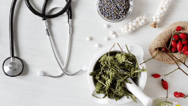 Doctors stethoscope in front of medicines