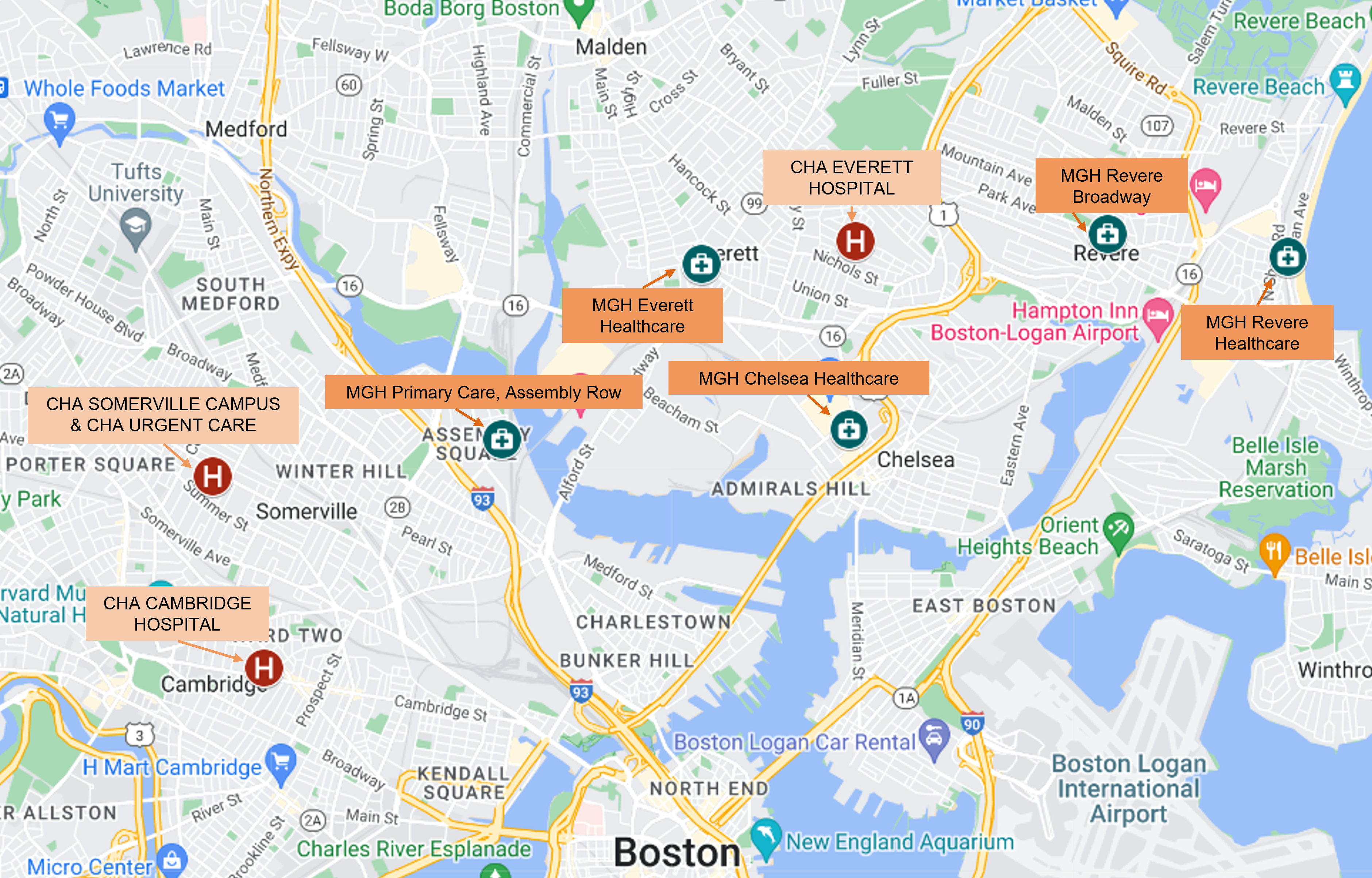 Map showing approximate location of CHA and MGH facilities