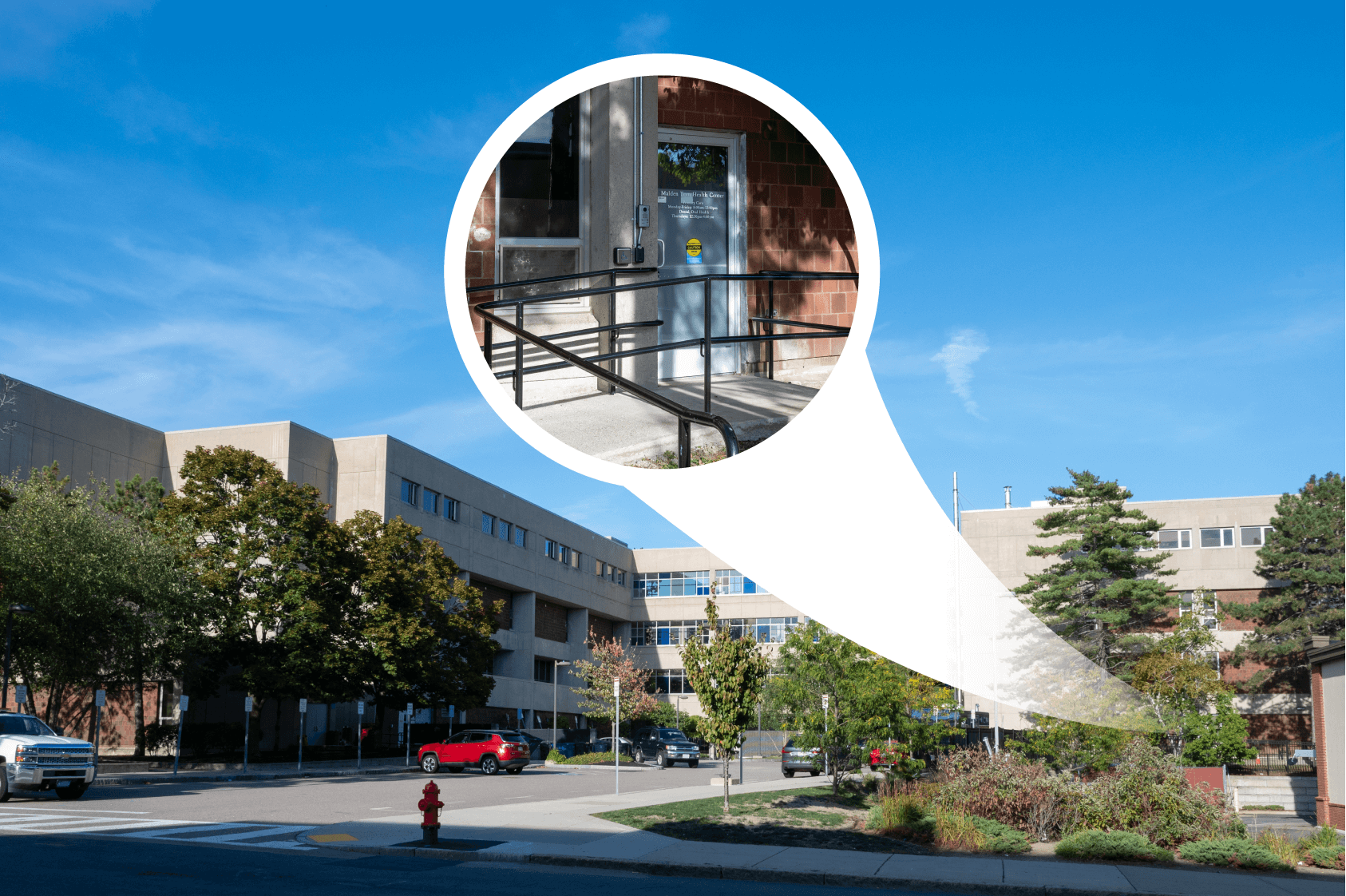 An exterior shot of the CHA Malden Teen Health Center with an enlargement of the clinic's entrance.