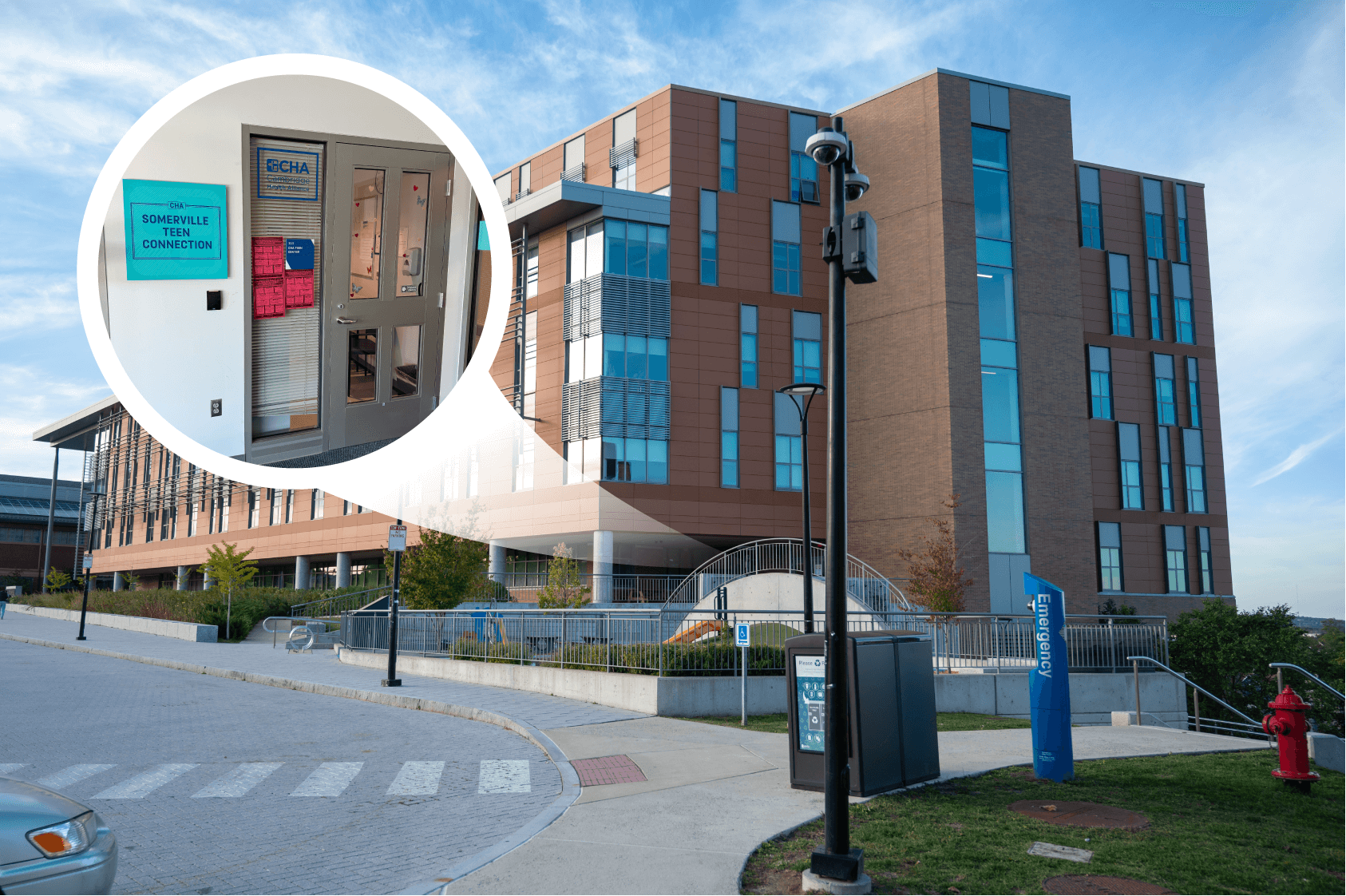 An exterior shot of the CHA Somerville Teen Connection with an enlargement of the clinic's entrance.