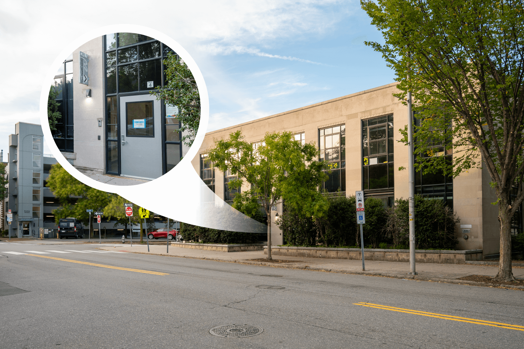 An exterior shot of the CHA Teen Health Center at Cambridge Rindge and Lating School with an enlargement of the clinic's entrance.