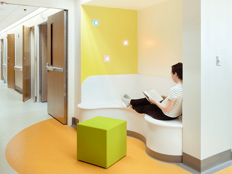 Built-in cubby areas give patients a place for quiet time.