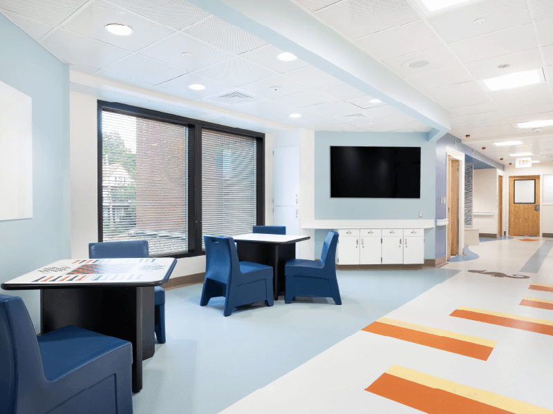 The activities room offers choices for patients and visitors to play games or watch television.