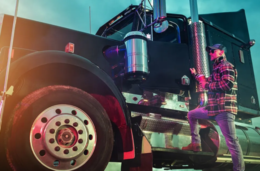 Image of a man in a baseball cap getting into an 18 wheeler truck cab